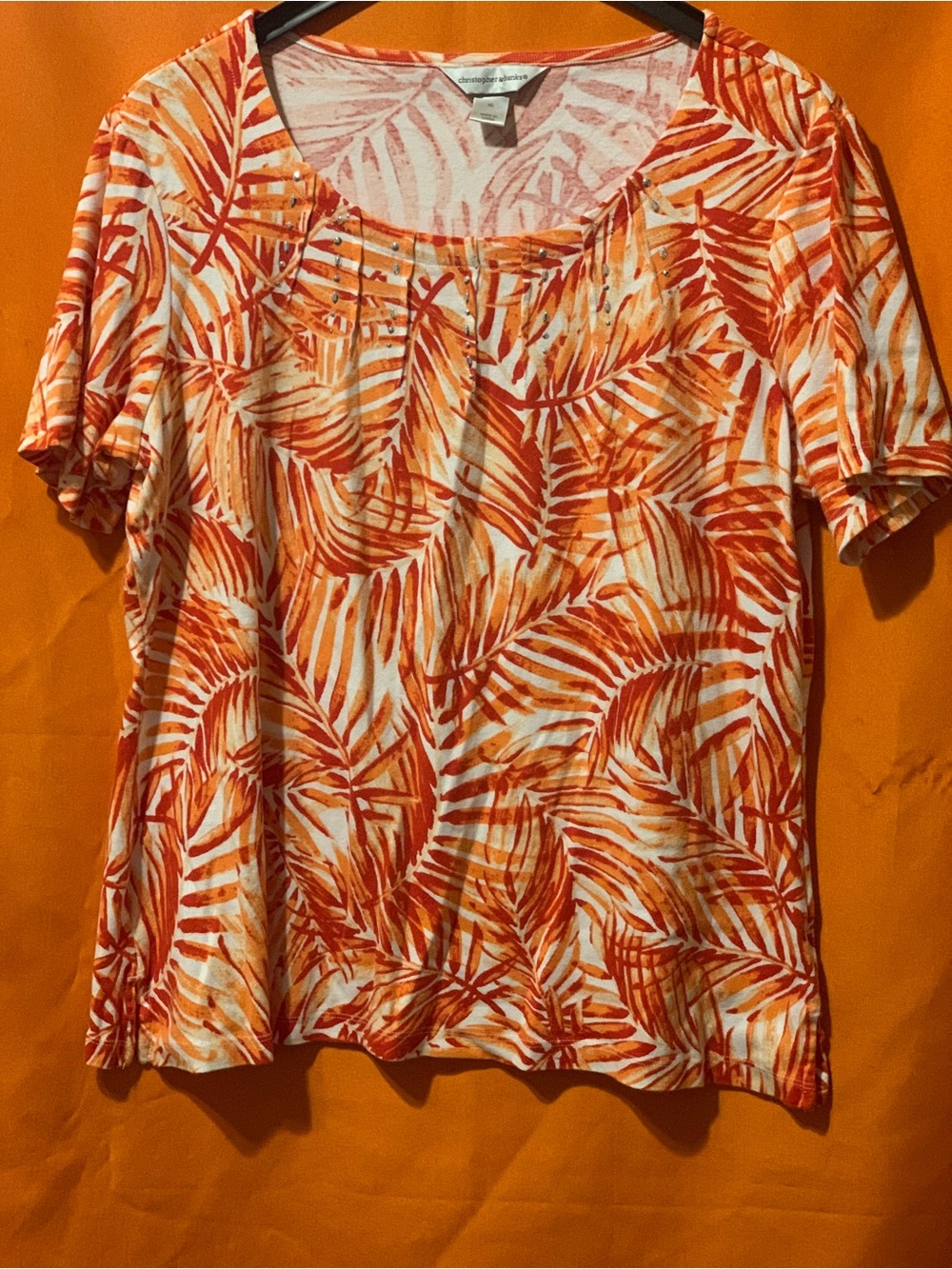 Christopher & Banks Orange and Cream Palm-Print Short Sleeve Top